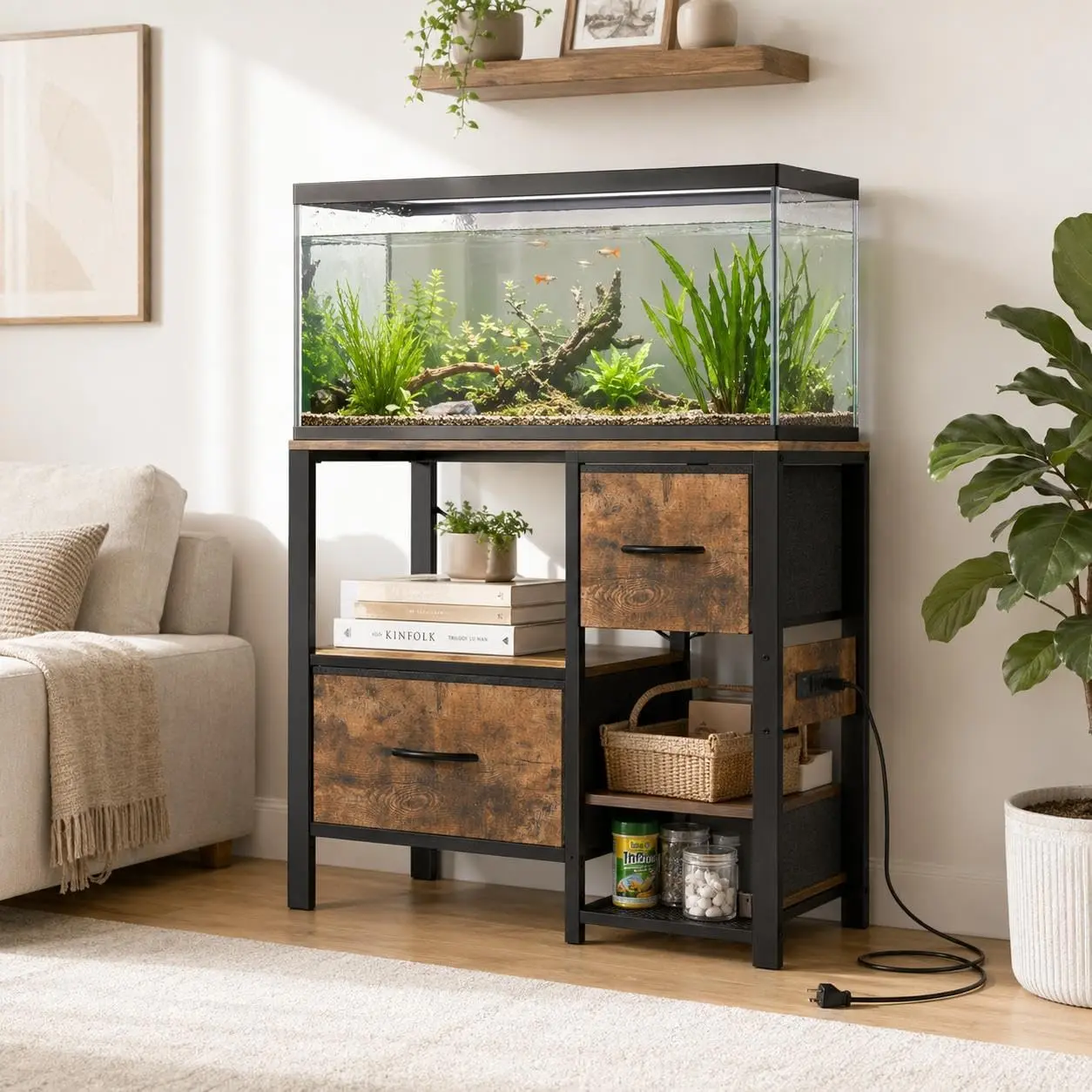 20-37 Gallon Aquarium Stand with Power Outlets & 2 Storage Drawers, Heavy Duty Metal Fish Tank Stand for Fish Tank Accessories, 3 Tier Tank Stand Fish Tank Shelf for Home Indoor Use, 400lbs Capacity, Rustic Brown