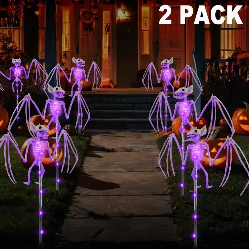 Halloween Outdoor Decorative Lights, Waterproof Solar Garden Lights, 3D Horror Spooky Bat Skeleton Lamp, Solar Path Light for Cemetery, Yard, House, Party