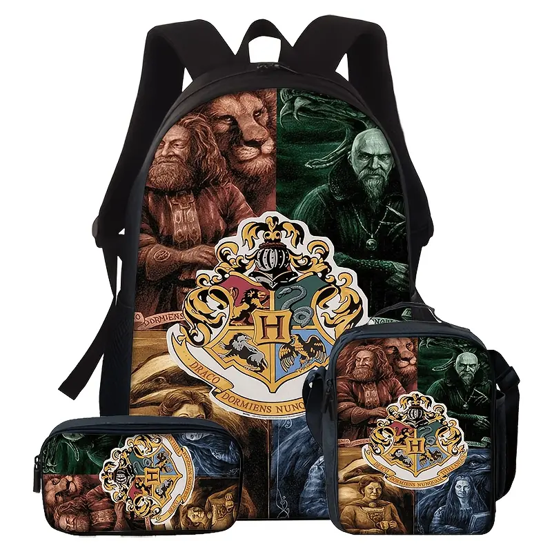 Durable Water Resistant 3-Piece Backpack Set for Harry Potter Fans, Lightweight School Bag with Lunch Box, Four Hogwarts House Split Portrait Crest Print, Includes Large Rucksack, Thermal Lunch Tote & Stationery Pouch