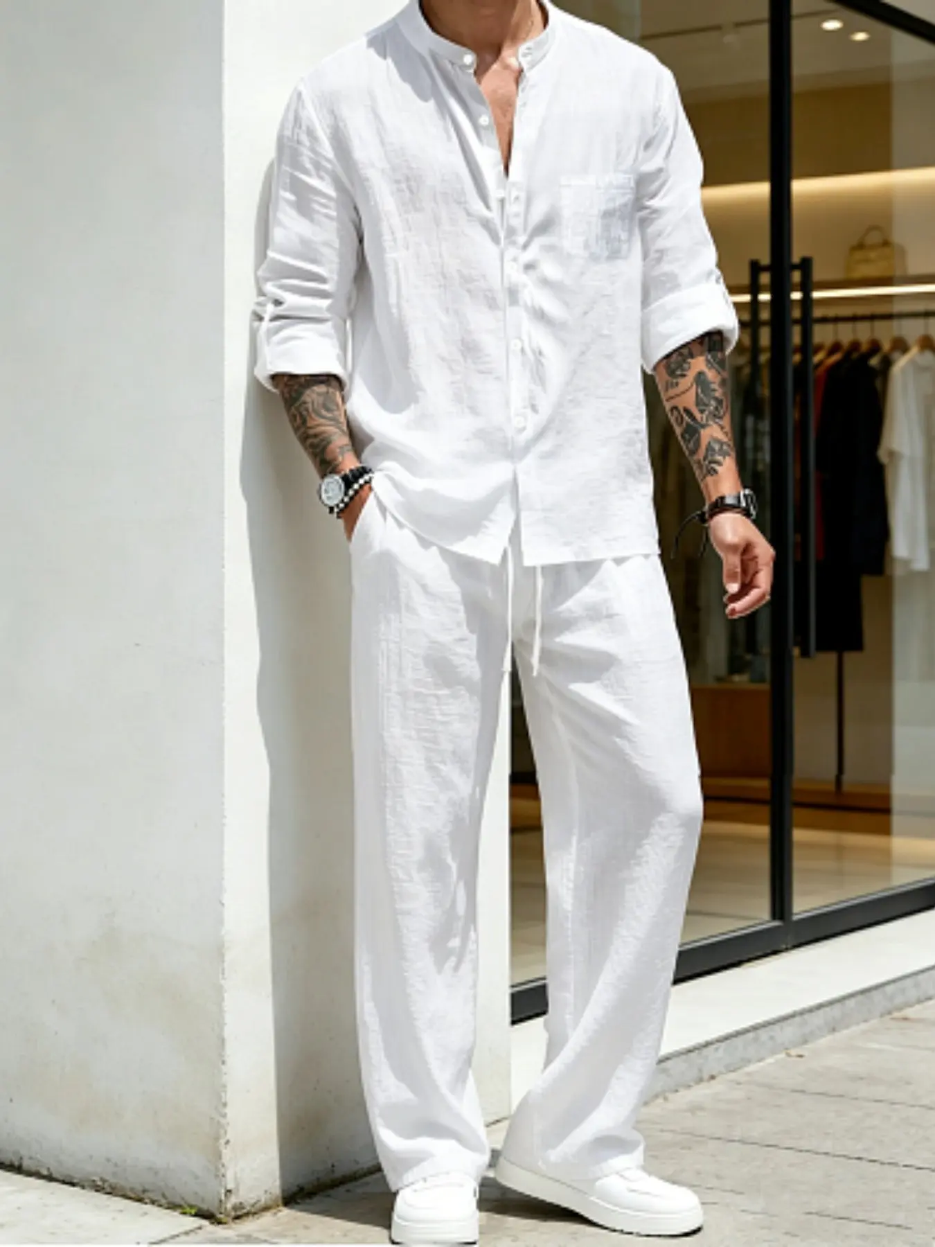 Men's Spring & Fall Linen Two-Piece Set, Casual Style Set, Stand Collar Long Sleeve Shirt, Loose Fit Drawstring Pants, Casual Fashion Suit, Clothes