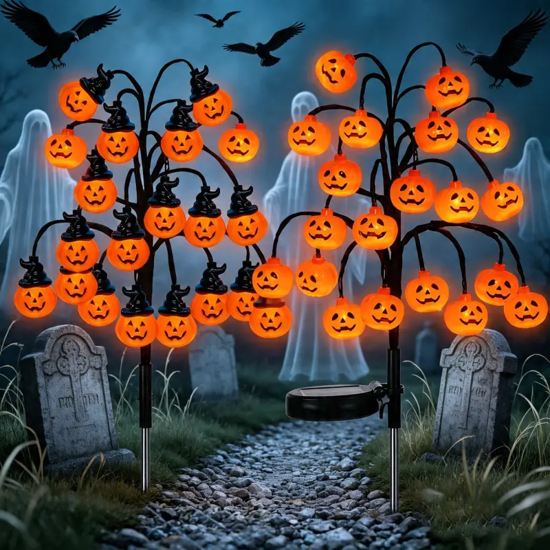 New LED Solar Halloween Pumpkin Branch Stake Lights, IP65 Waterproof Outdoor Ground Plug Landscape Lights for Yard Lawn Garden Patio Halloween Festival Party Spooky Decor,HalloweenDecor,HalloweenLights,FestivalDecor,HalloweenParty