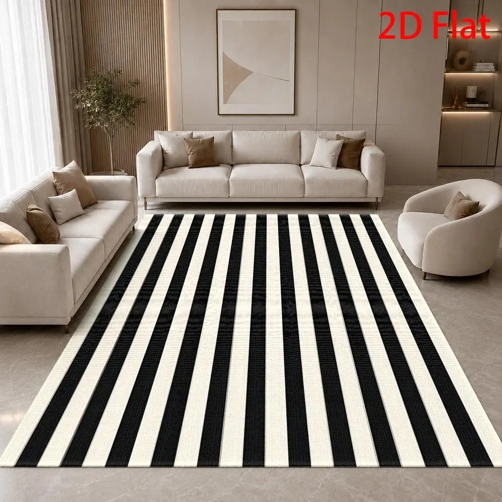 2D flat black and white striped modern minimalist carpet, extra-large rectangular rug, suitable for living room, office, bedroom decoration, ideal for living room, bedroom, kitchen, terrace, and outdoor spaces