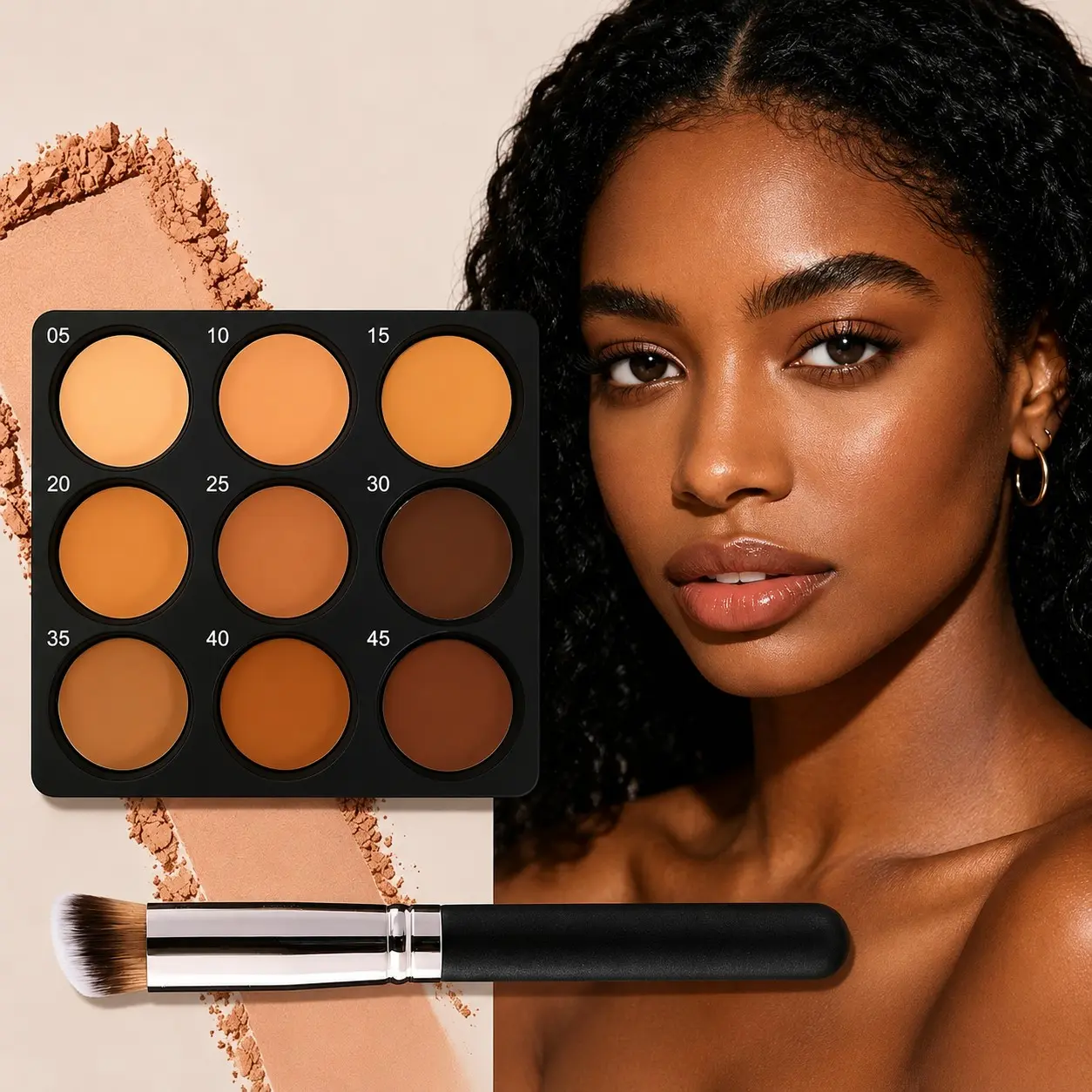 Nine-Color Matte Foundation and Concealer Palette with Brush, Bronzer Face Makeup, Waterproof, Long-Lasting, All Day Coverage, Skin-Friendly & Flawless, Powder Cosmetics for Dark Skin Tones