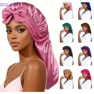 Women's Satin Long Tail Bonnet with Bow Decor, High Stretch Hair Cap for Sleeping, Extra Large Size for Big Heads, Long Tube Ribbon Design, Silk-Like Hair Protection Accessory for Night Beauty Routine & Daily Hair Care