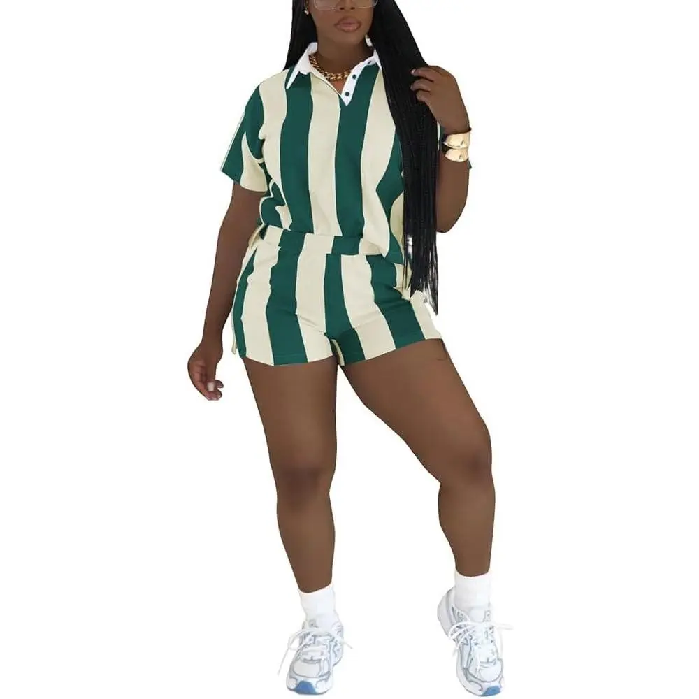2 Piece Sets for Women Summer Casual Striped Polo Shirt High Waisted Short Workout Jogger Sets