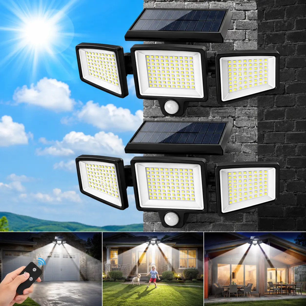 2500LM 210LED Solar Outdoor Security Lights, 3 Heads Dimmable Spotlights with 3 Modes, IP65 Waterproof, for Yard, Garage, Porch, Patio, Garden, Farm, Chicken Coop, Barn, Horse Stable, Pool