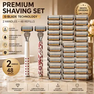 6-Blade Shaving Set, 2 Premium Handles, 48 Replacement Blades, Ergonomic Non-Slip Grip, Durable Sharp Blades, Ideal for Daily & Travel Use