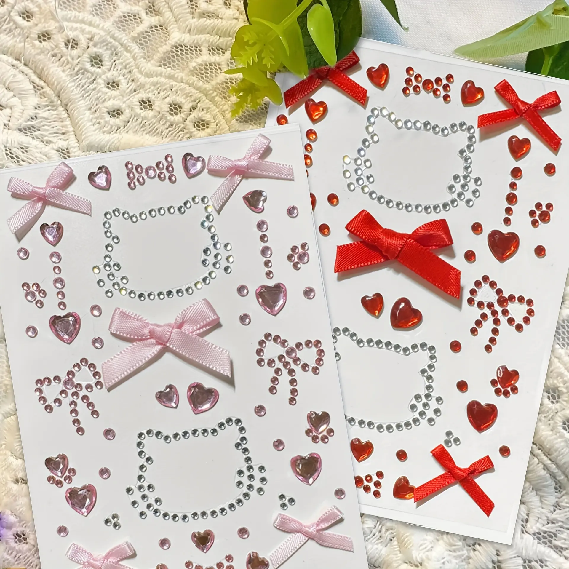 Heart-Shaped Bow Facial Stickers with Red & Pink Rhinestone Glitter, Strong-Adhesive Face Jewels, Temporary Tattoos for Festive Party Makeup, Face Decals, Festive Makeup, Rhinestones, Apply Temporarily, Sticker Form