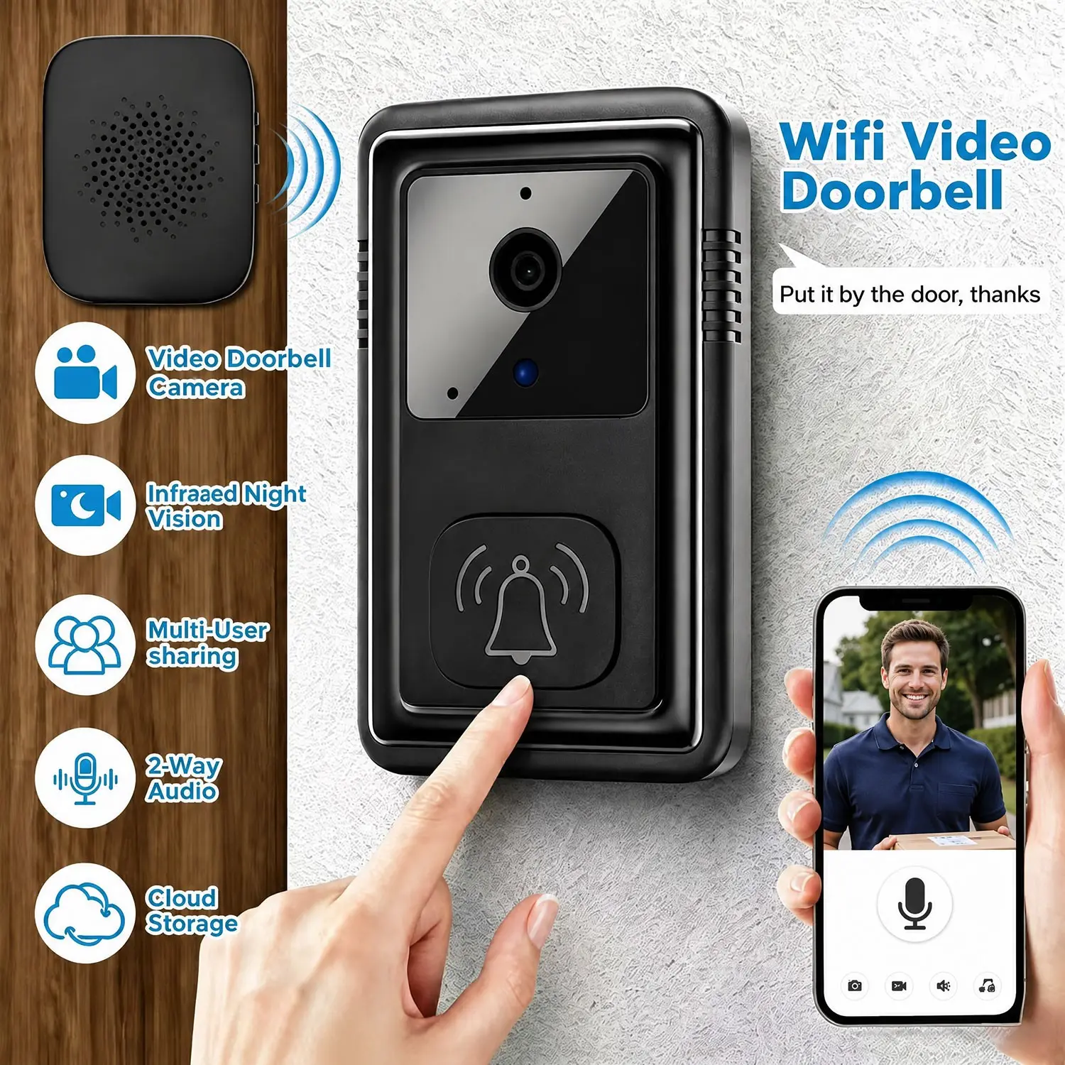 Smart WiFi Video Doorbell, Security Doorbell Camera, with Infrared Night Vision, Two-Way Audio, Two Way Intercom, Voice Changer, Cloud Recording, Rechargeable Battery Powered, Punch-Free Installation, 365 Days Long Standby, for Home & Office Security