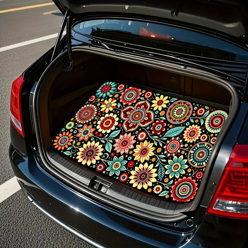 Single Piece Black Background Bright Mexican Folk Floral Car Rear Cargo Mat - Non-slip Waterproof Rubber Boot Liner, Retro Boho Colorful Mandala Daisy Flower Print Design, Universal Fit For SUV Sedan Hatchback, Stain Resistant Easy Clean Vehicle Trunk Pro