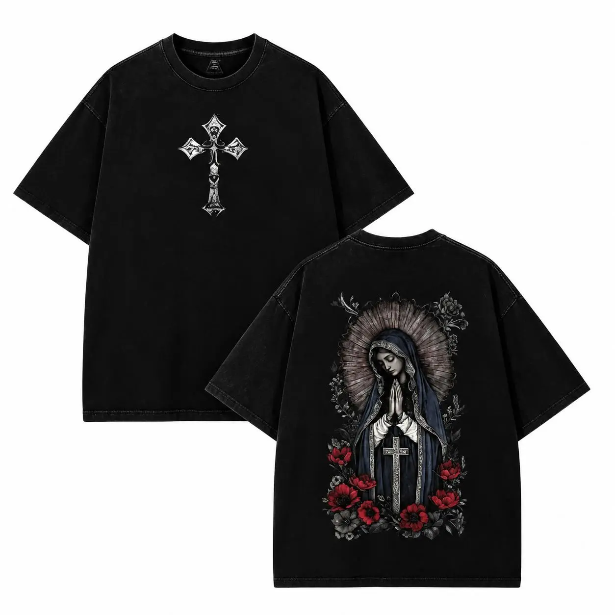 Gothic Virgin Mary graphic T-shirt, Valentine's Day heavyweight black cotton T-shirt, Christian clothing