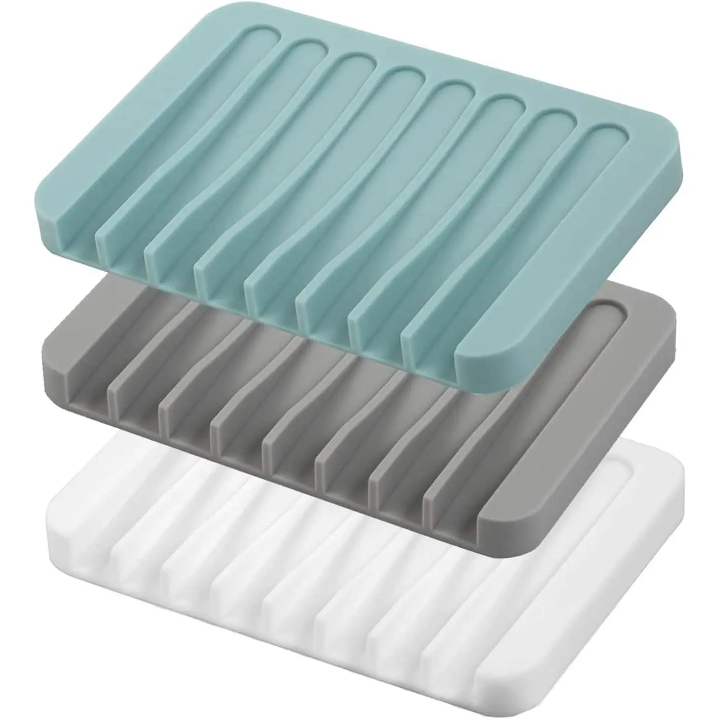 Self Draining Soap Dishes, 3 Pcs Silicone Soap Saver, Waterfall Drainer Soap Holder for Bathroom, Extend Soap Life, Keep Soap Bars Dry Clean & Easy Cleaning (White, Gray, Teal)