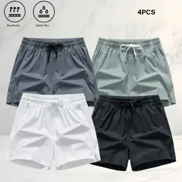 Summer lightweight quick dry men’s shorts set of four, made from breathable ice silk fabric with a loose fit and an elastic drawstring waist, suitable for fitness, running, everyday wear, and home leisure. casual fathersdaygift