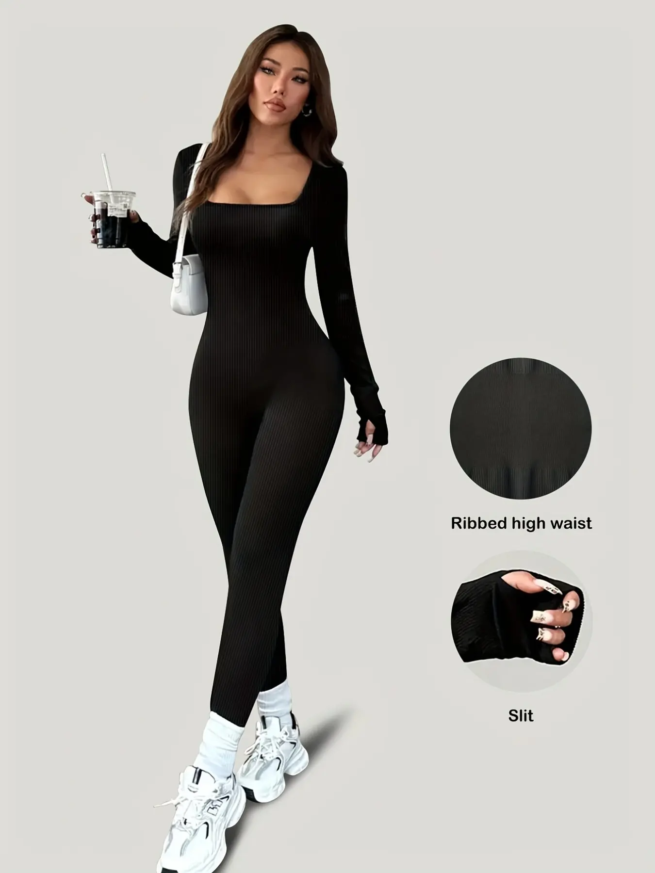 Women's Solid Color Ribbed Square neck Long Sleeve Workout Jumpsuit, Skin-Tight And Comfortable, Suitable For Sports And Leisure, Sporty Yoga Jumpsuit, Ribbed Long Sleeve Shaping Sportswear, Yoga Shapewear, Square neckline Jumpsuit