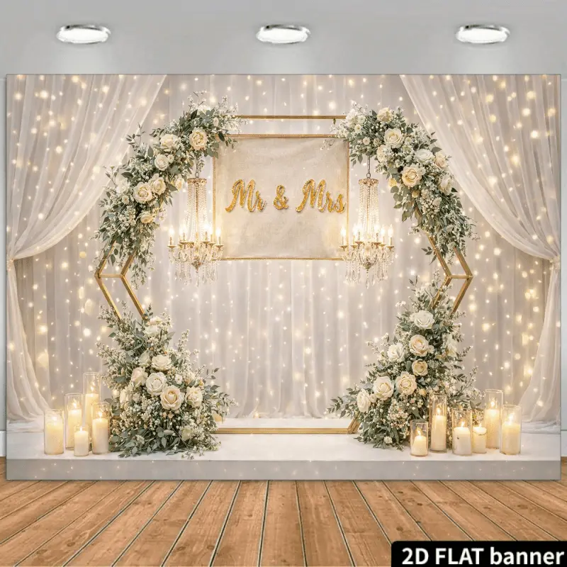 Minimalist Boho Flower Tapestry, Golden Heart & White Rose Hanging Wall Decor, Cozy Bridal Shower Wedding Backdrop, Elegant Floral Photo Banner