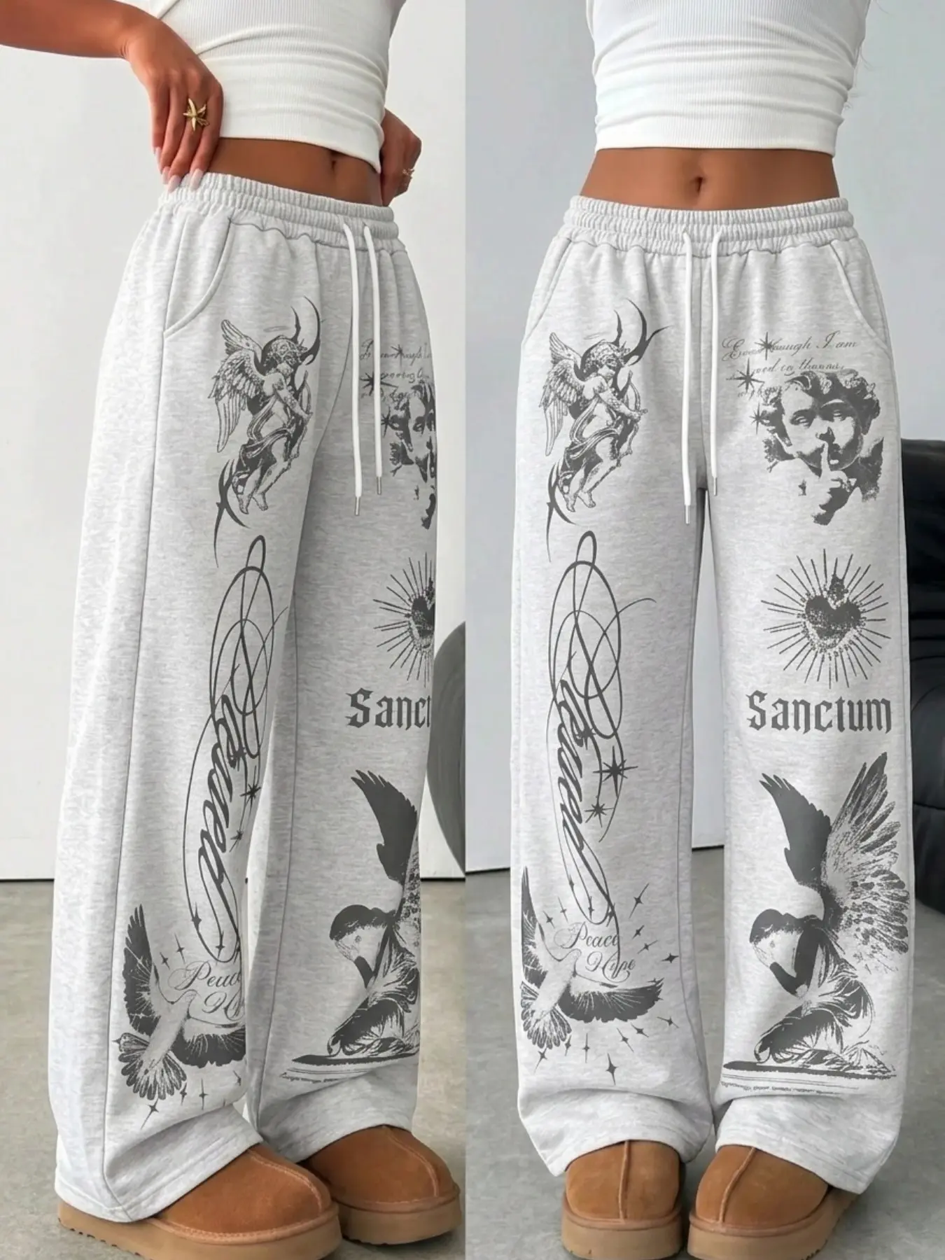 Women Y2K Gothic Angel Cupid Graphic Wide Leg Sweatpants Elastic High Waist Drawstring Loose Baggy Streetwear Trousers With Pockets For Daily Street Party Casual Wear
