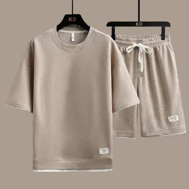 Kyn Apparel 2026 New Summer Men's Fashion Fashion Fashion Brand Casual Sports Set Round Neck Loose Short sleeved Shorts Waffle Two Piece Set