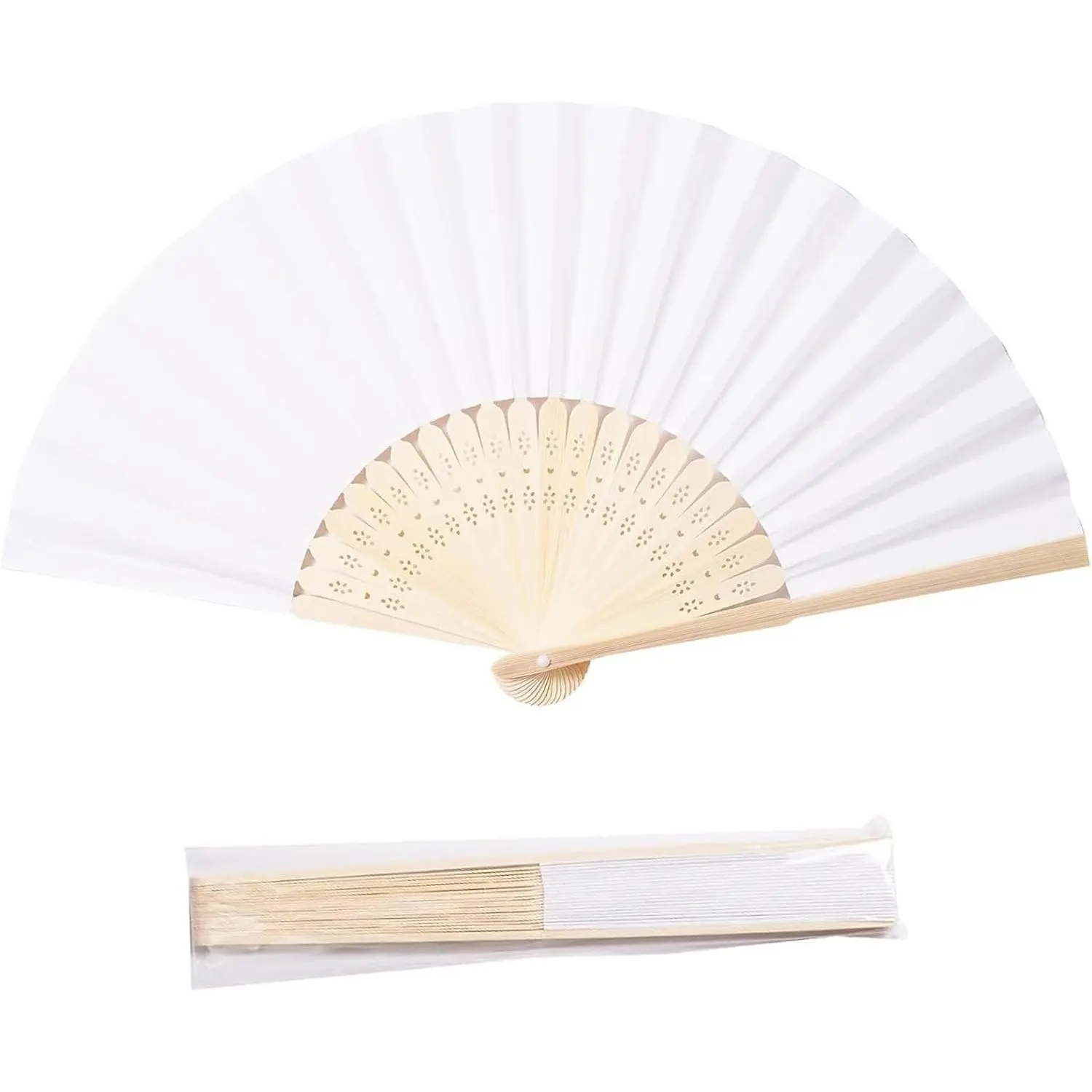 50 Pcs Fan-Shape Lightweight 8.3-Inch Foldable Paper Hand Fans, White Tableware Decor Accents for Wedding Favors, Summer Cooling