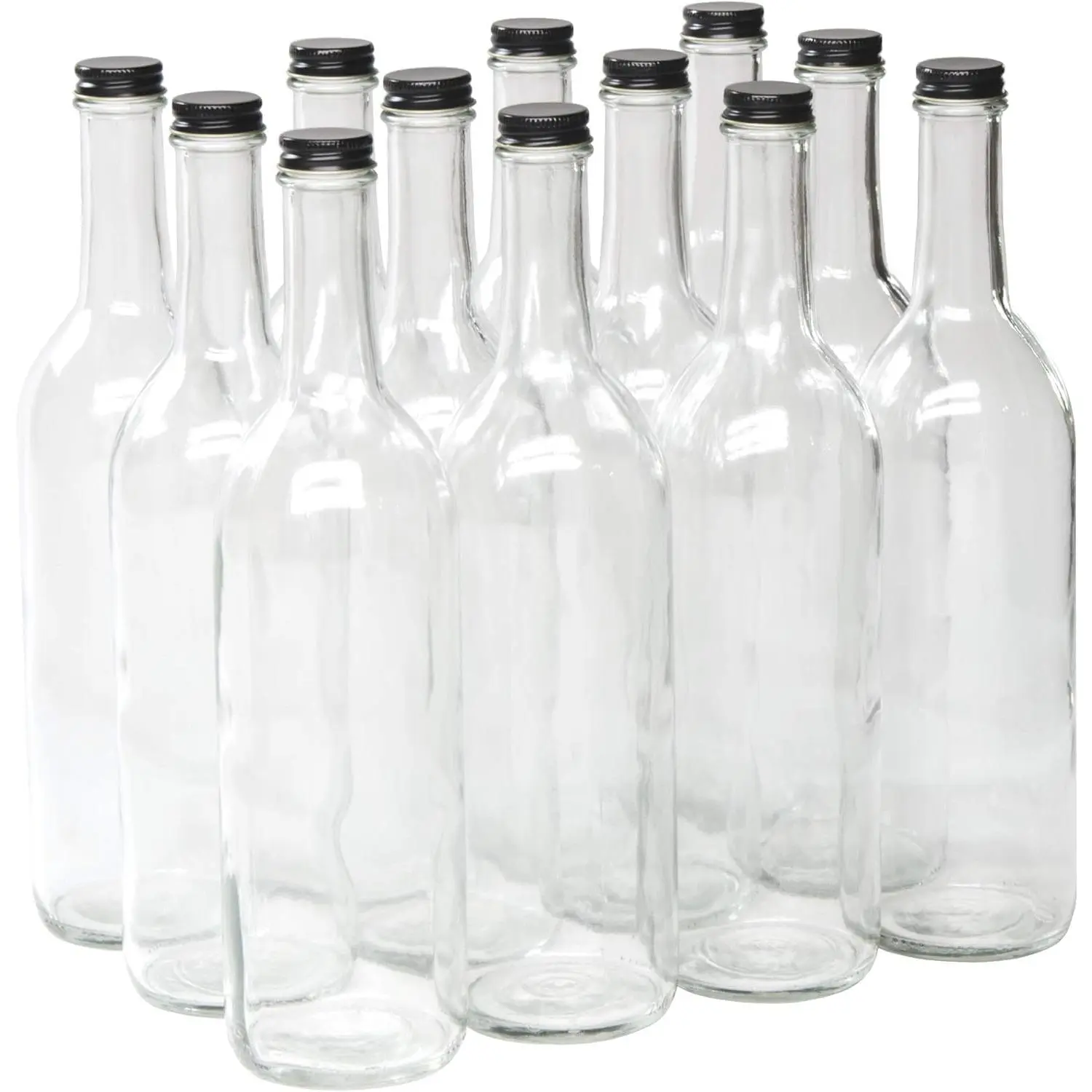750ml Clear Glass Bordeaux Wine Bottle Flat-Bottomed Screw-Top Finish with Black Metal Lids - Case of 12