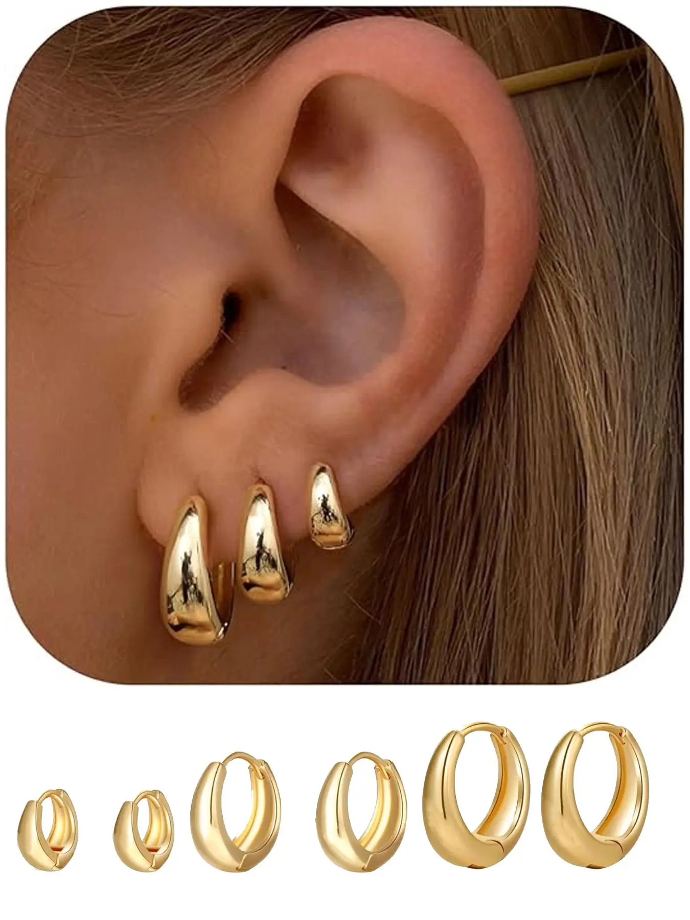 3Pairs set 𝐆𝐨𝐥𝐝 𝐇𝐨𝐨𝐩 𝐄𝐚𝐫𝐫𝐢𝐧𝐠𝐬 Set for Women Trendy Chunky Huggie Dainty Earrings Jewelry for Women Teens Earring Stacking Set Ear Hoops