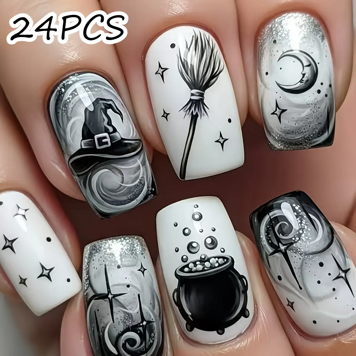 24Pcs Medium Square Press On Nails, Crazy Nail Art, Black White Witch Design With Witch Hat Broom Moon Star Glitter Pattern Reusable Removable Manicure For Women Teen Girls Halloween Cosplay Party Vacation Daily Gathering Gothic Nail Supplies