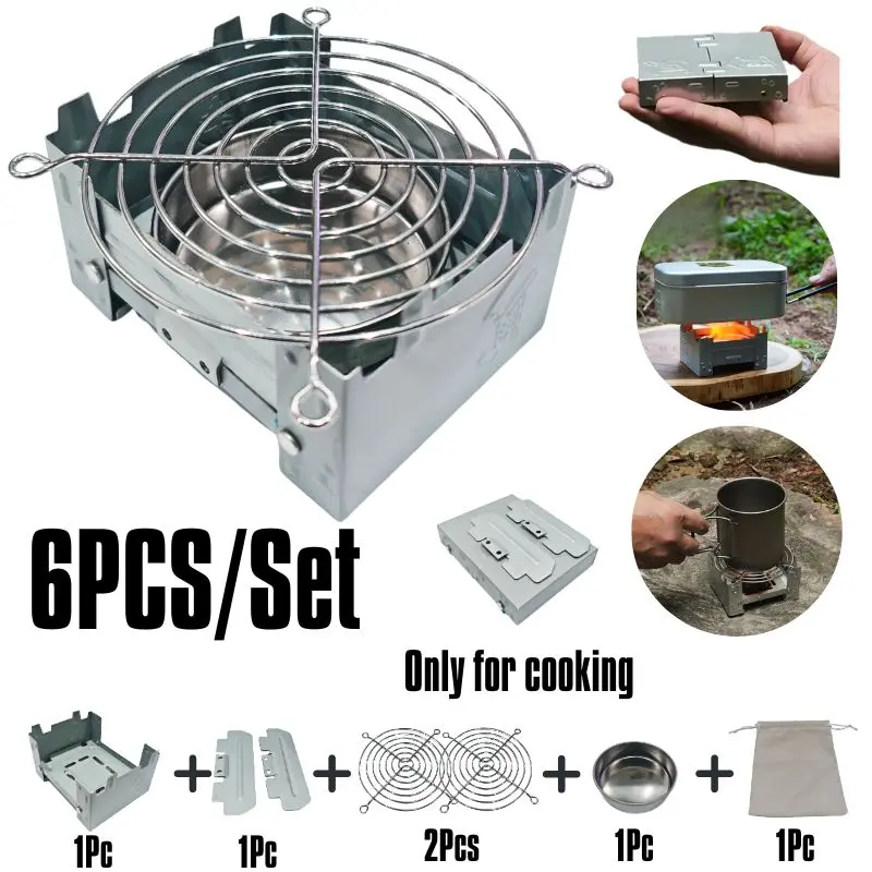 Lightweight Foldable Camping Stove Bundle 6 Items Windproof Dual Rack Fuel Tray Storage Pouch Perfect for Hiking Backpacking Outdoor Cooking Using Wood or Charcoal
