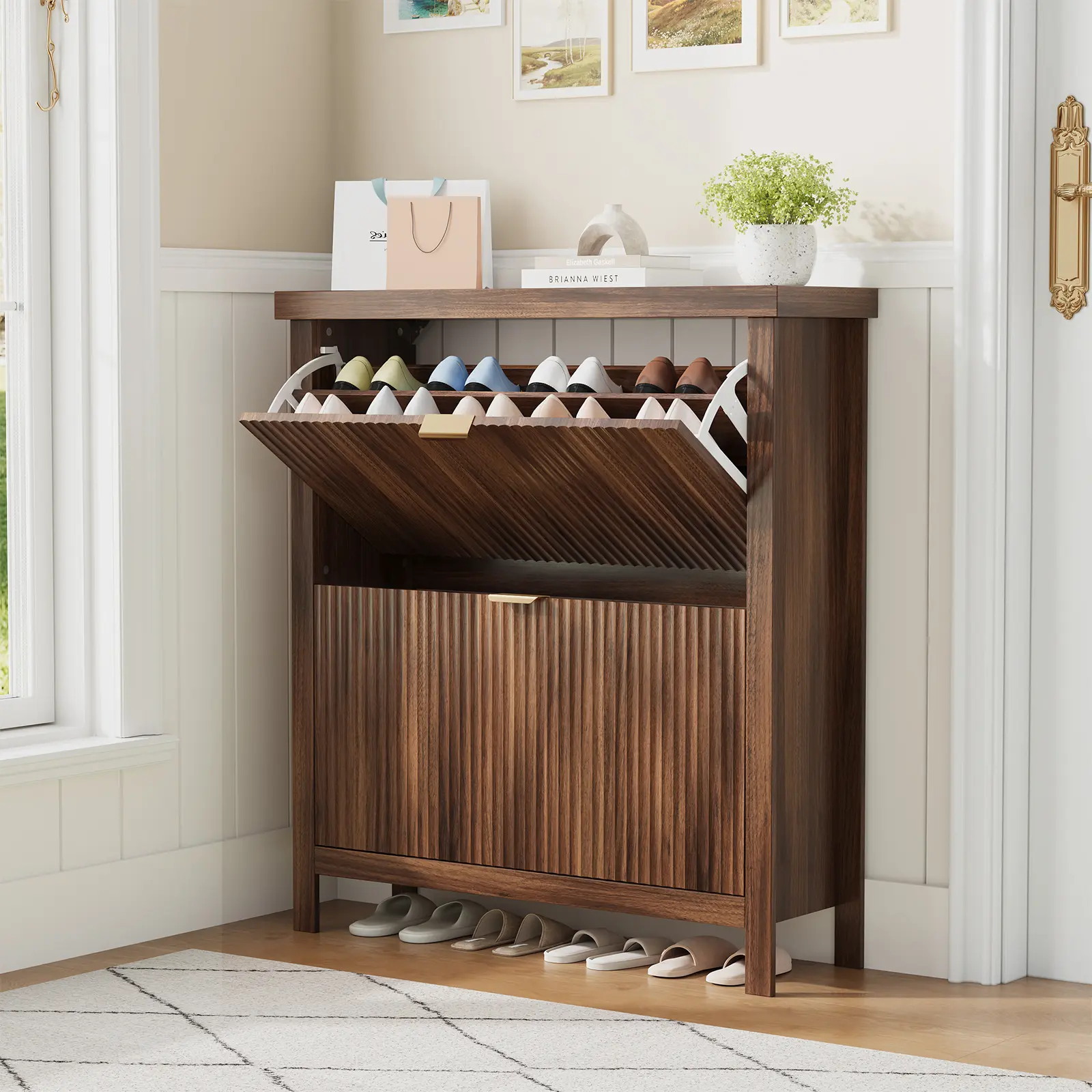 Fluted Shoe Cabinet with 2 Flip Drawers, Slim Entryway Storage Modern Fluted Style Meets Space-Saving Shoe Storage