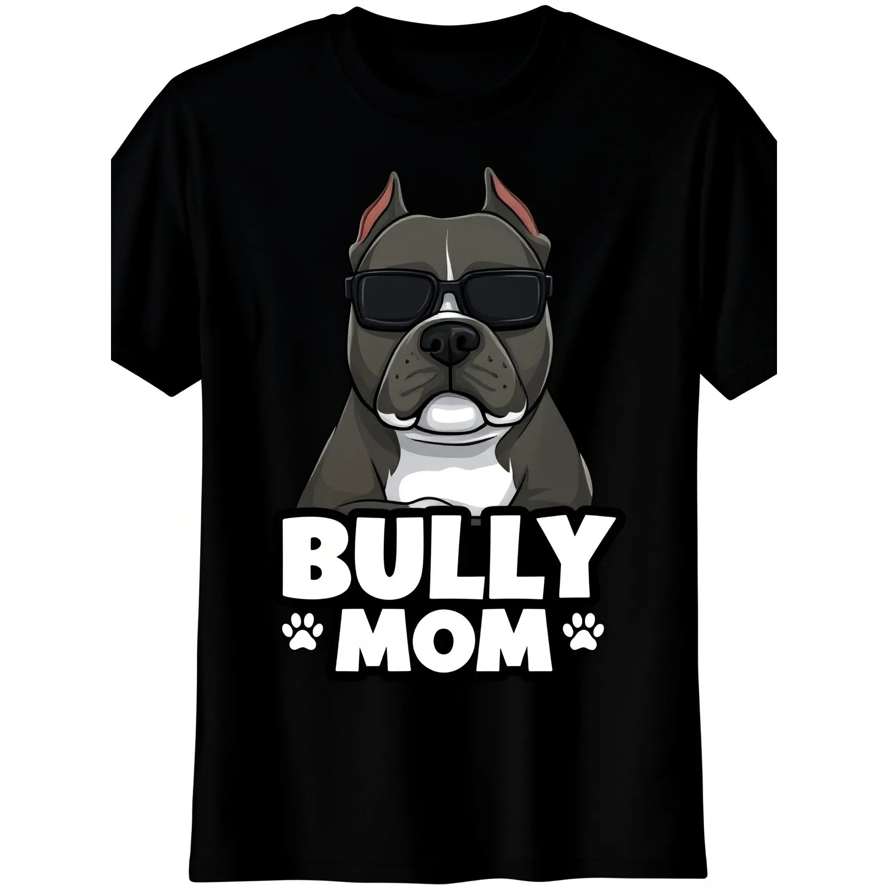 American Bully Dog Mom Graphic T-Shirt Funny Bulldog Lover Gift Unisex Casual Tee with Bold Lettering Paw Prints AllSeason Comfort for Men Machine Washable