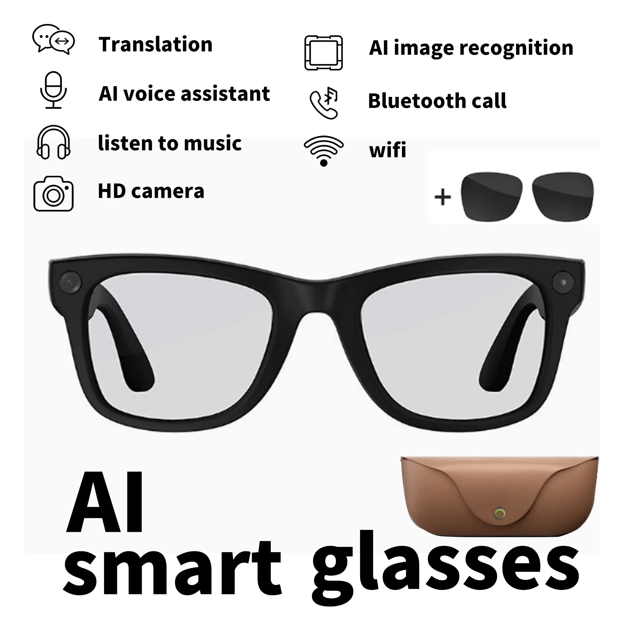 New Smart Ai Glasses with HD Camera, Video Recording, Voice Call, Charging Box, Ai Translation, Non-Color Changing, PC Frame, Smart Wireless Glasses