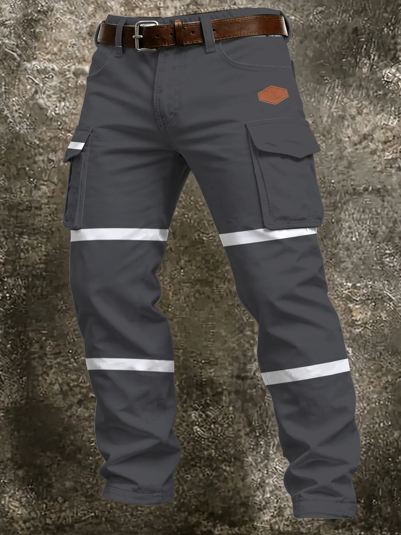 Dark Reflective Stripes Hexagonal Patch Multi-Pocket Work Pants, Men's Durable Safety Workwear, Ankle-Length Slim Fit, Fall & Winter