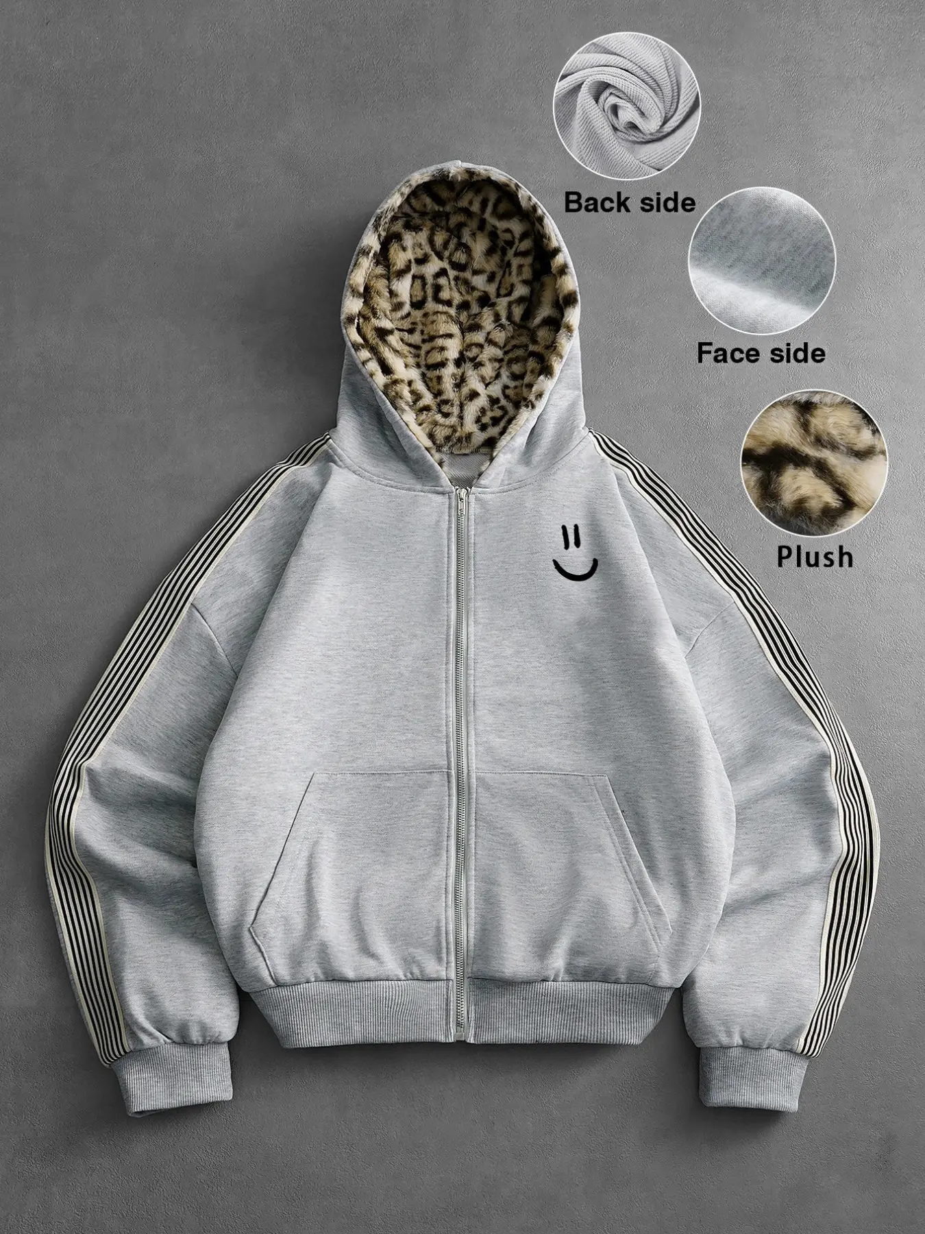 Unisex Leopard Print Inner Hoodie, Side Stripe Zipper Open Front, Loose Fit Fall Winter Casual Outerwear, Men's & Women's Clothing