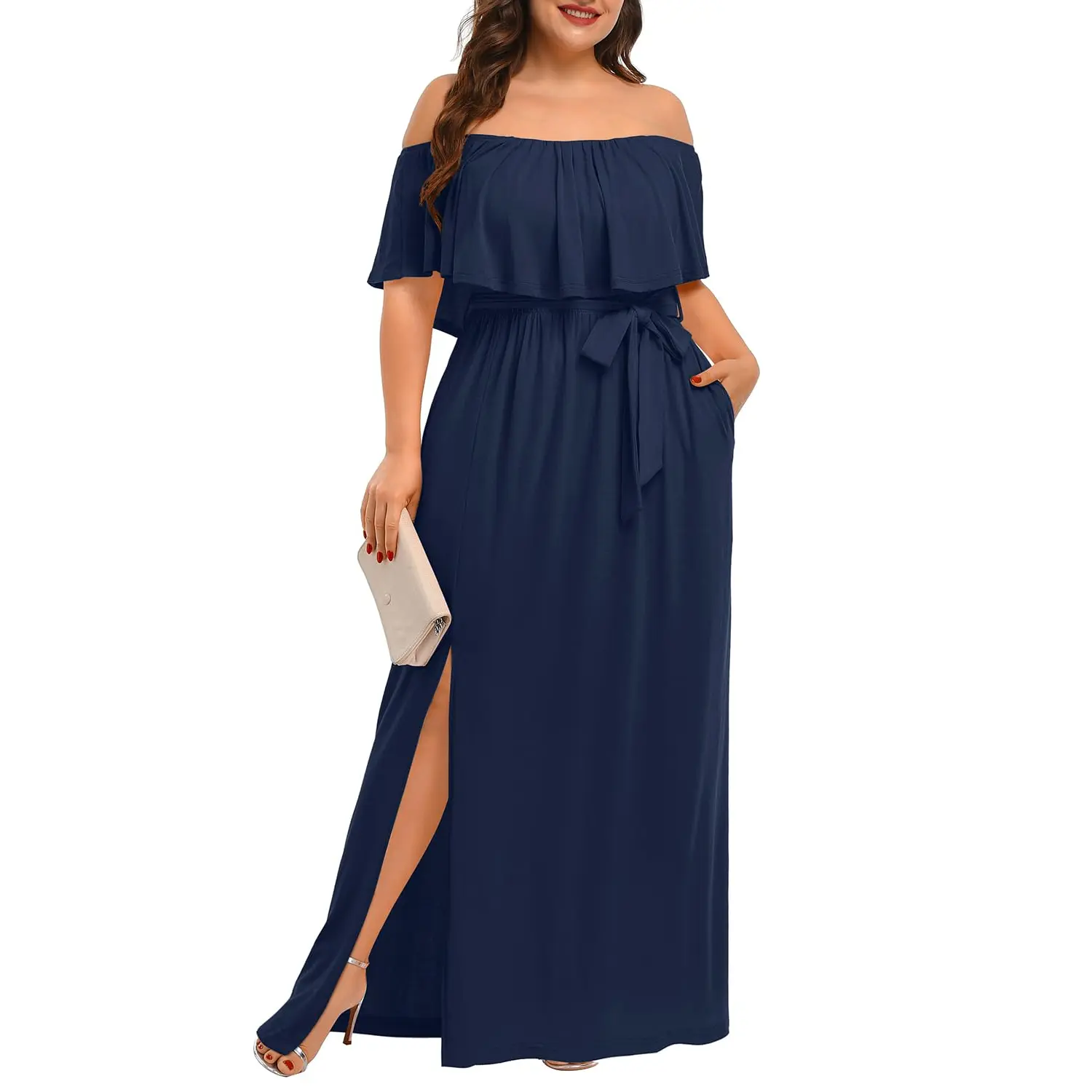 Pinup Fashion Plus Size Off The Shoulder Maxi Long Casual Beach Dress Pockets Women, Casual Wear, Plus Size Clothes, Engagement