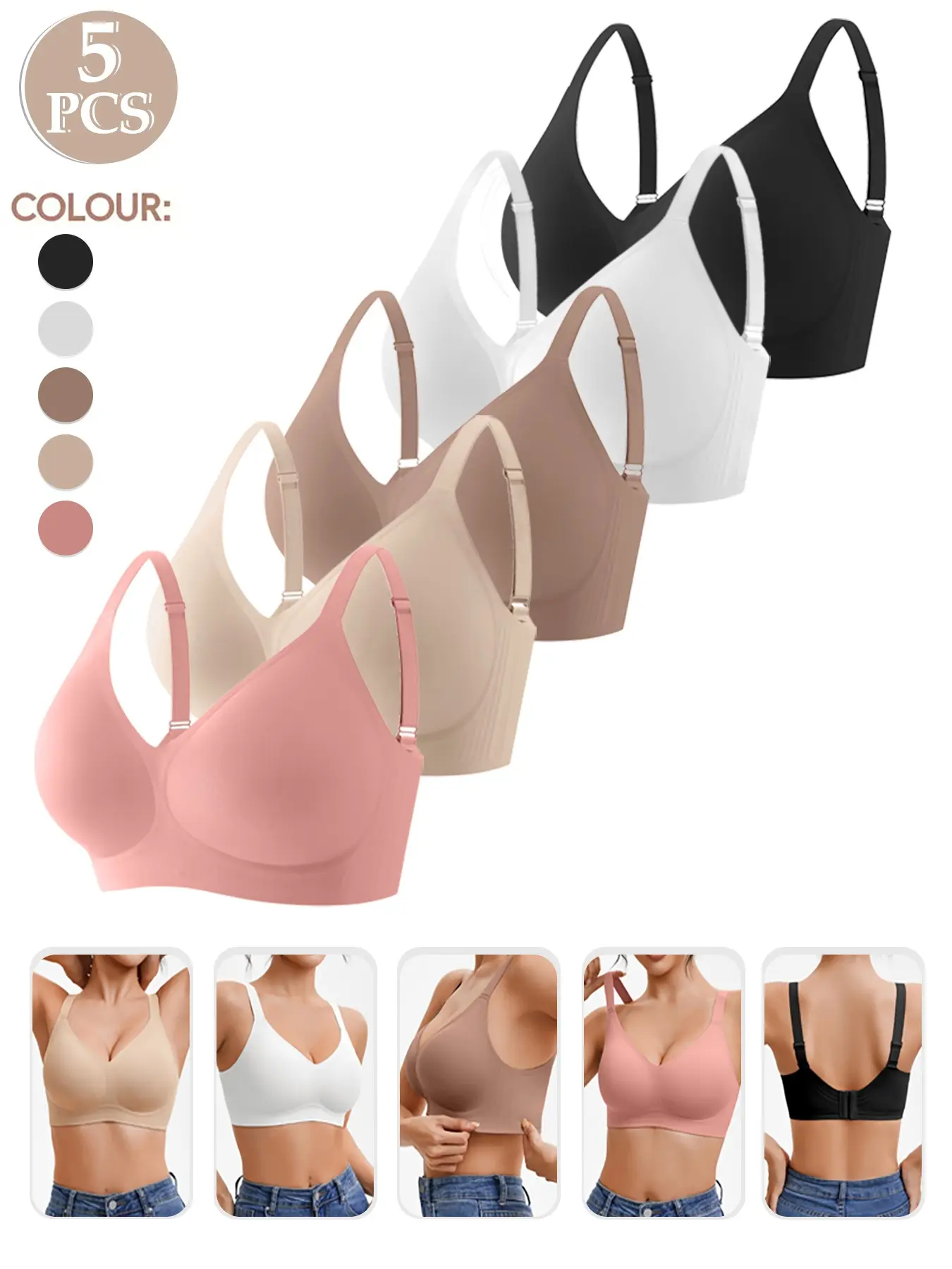 5-Pack Invisible V-Neck High Support Wireless Seamless Jelly Bra, Medium Support Wire-Free Design, All Season Fitted Lining, Casual Style