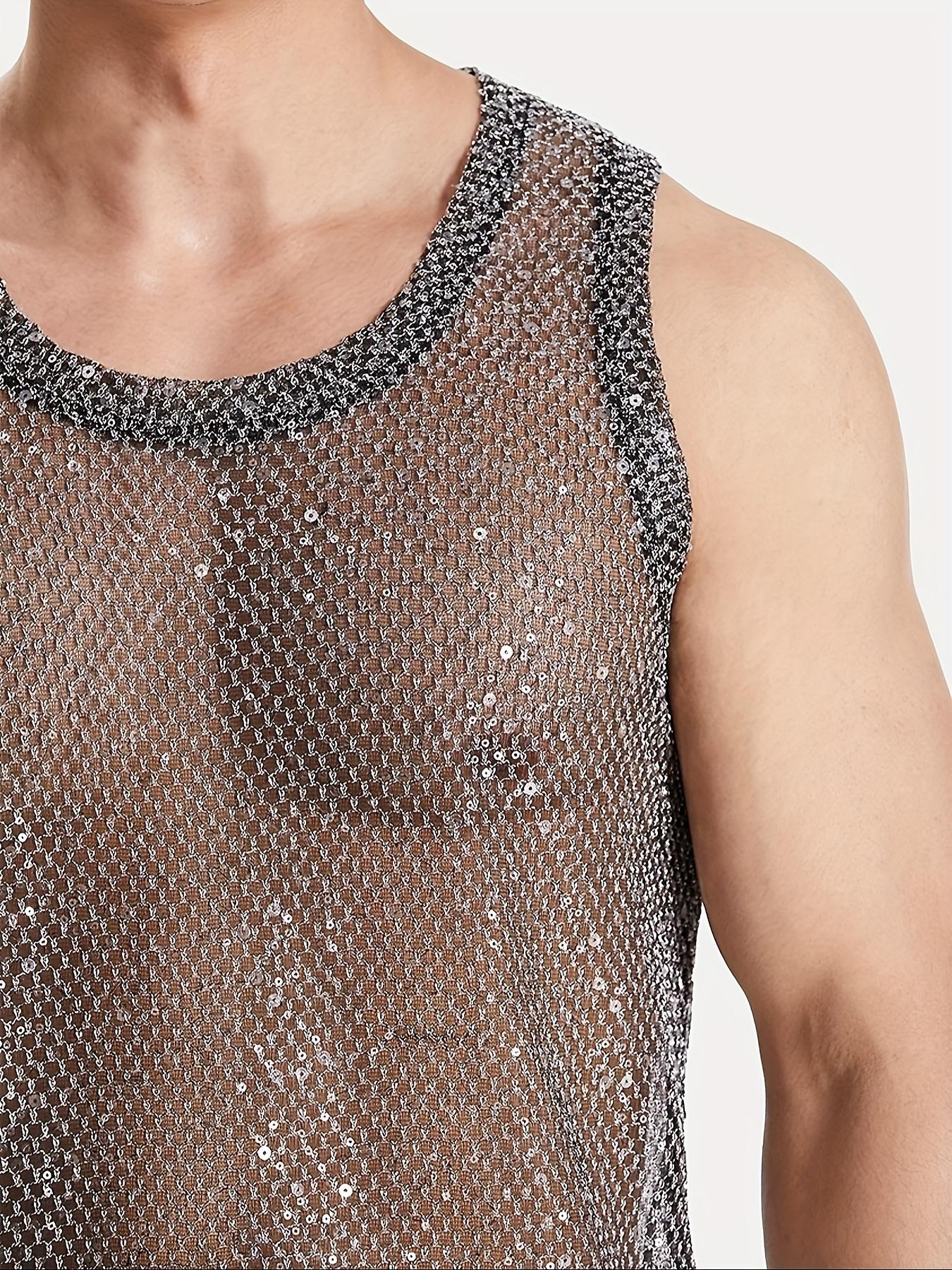 NewBdhjydb Men'S Sexy Sleeveless Vest - Sparkling Sequin Mesh Shirt with Hollowed Out Design, Non-Stretch Slim Fit for Parties, Clubs, Everyday - All-Season Layering Essential - Adult Men'S Fashion Apparel, Party Outfit, Geometric Pattern, Stylish Constru