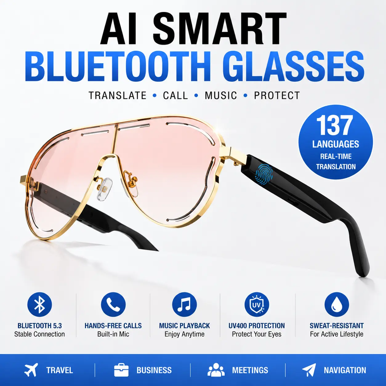 AI Smart Bluetooth Modern Smart Glasses - Casual, Ergonomic UV Protection Sweatproof Sunglasses, 137-Language Real-Time Translation, Wireless Music Player, Hands-Free Calling, Voice Assistant, Wearable Tech for Travel, Commuting, Business