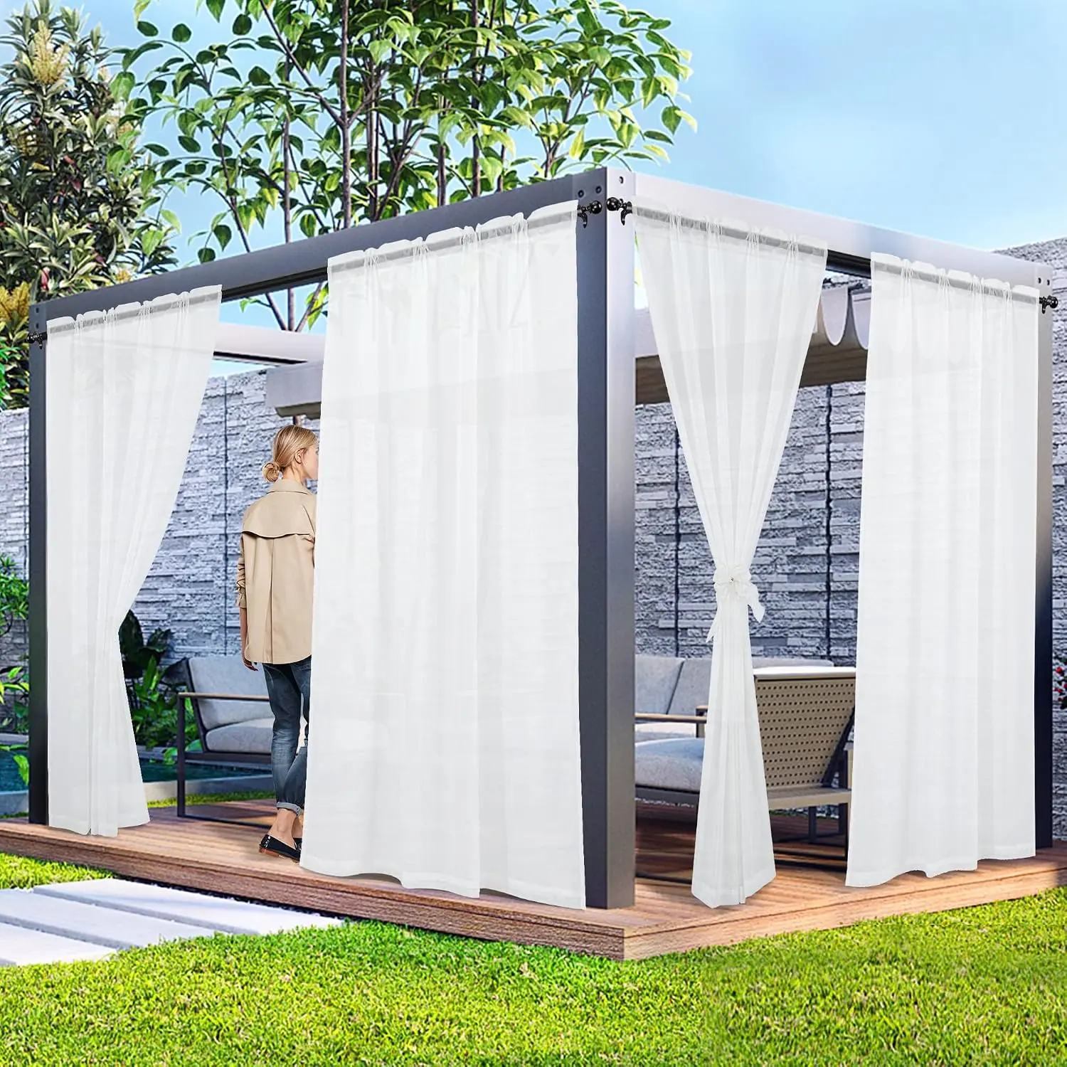 2-Panel Outdoor Sheer Fabric Curtains, 52x84 in Patio Decor Privacy Cover, Waterproof Indoor-Outdoor Drapes for Gazebo, Balcony