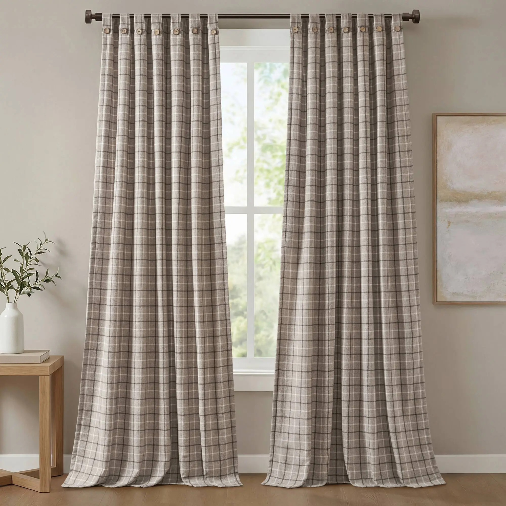 ARCH 50x95 Inch Plaid Rod Pocket and Front Tab Curtain Panel with Button and Fleece Lining, Brown, 1 Piece, Window Treatment Drape for Living Room Bedroom, Thermal Insulated Blackout Curtain, Farmhouse Rustic Decor, Home Furniture and Household