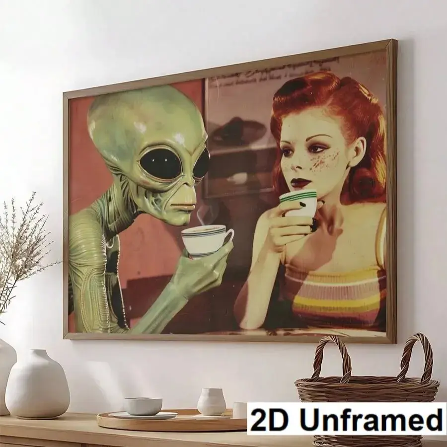Vintage Alien Poster, Sci-Fi Ufo Desert Wall Art, Medieval Surrealism, Ideal Gift for Bedroom, Living Room, Kitchen, Home Decor