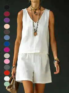 2026 New Cotton Linen Fashion Casual Tank Top and Shorts Set for Women, Spring Summer, Comfortable and Stylish