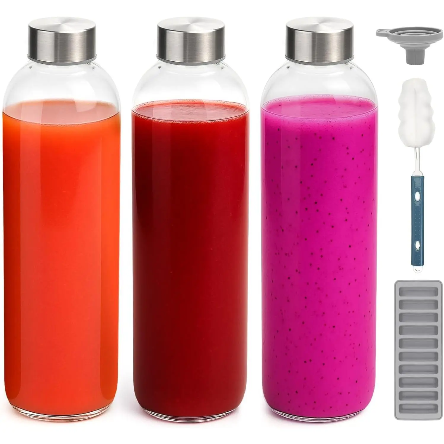 3 Pack 32 oz Glass Water Bottles with Stainless Steel Airtight Lids, Reusable BPA Free Leak Proof Clear Juice Bottles for Juicing, Beverage Drinking & Storage