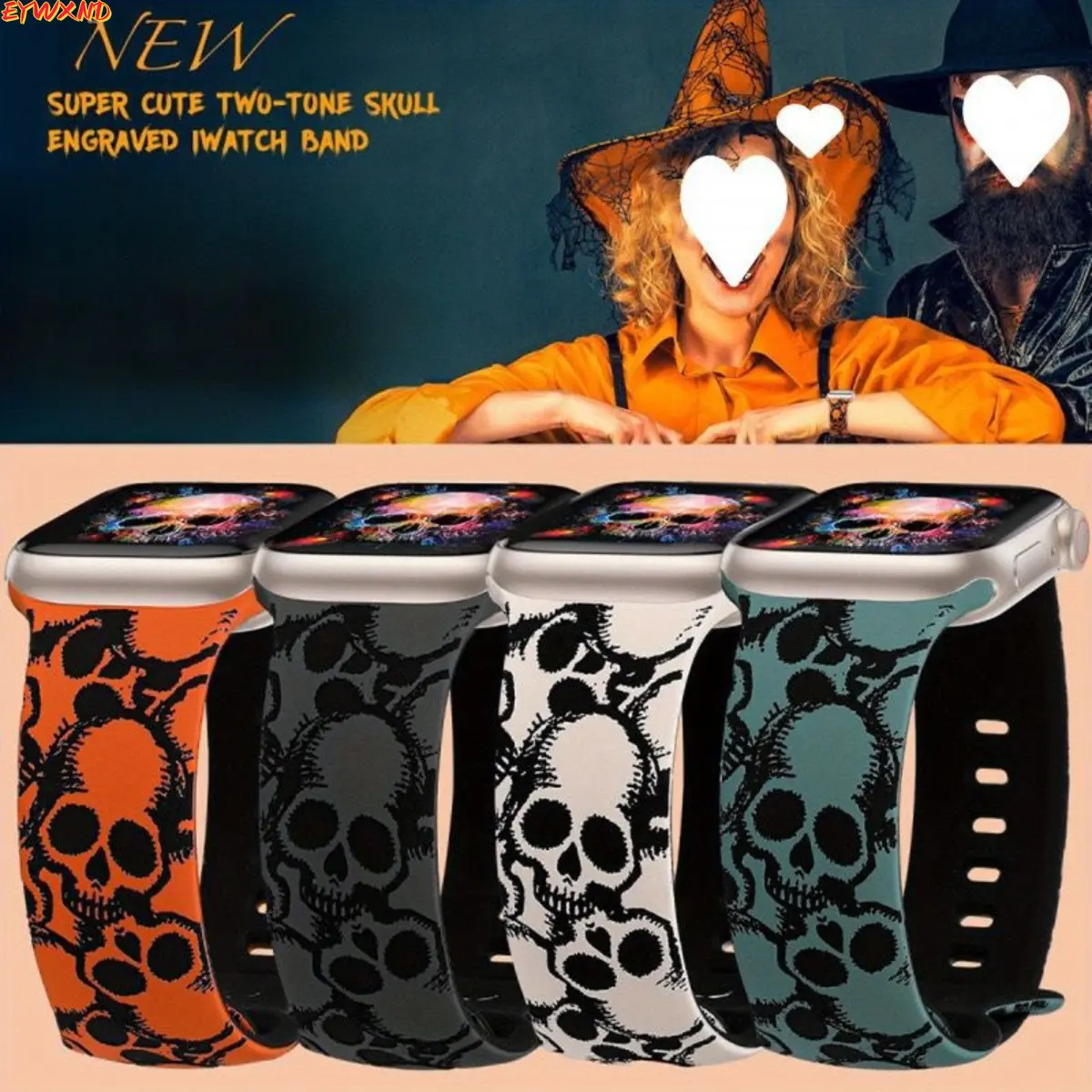 EYWXND Two‑Tone Engraved Skull Silicone Watch Band, Gothic Hollow Skull Pattern Embossed Soft Sport Replacement Wrist Strap Compatible with Apple Watch 38mm 40mm 41mm 42mm 44mm 45mm 49mm 46mm, Cool Halloween Gothic Accessory for Men Women