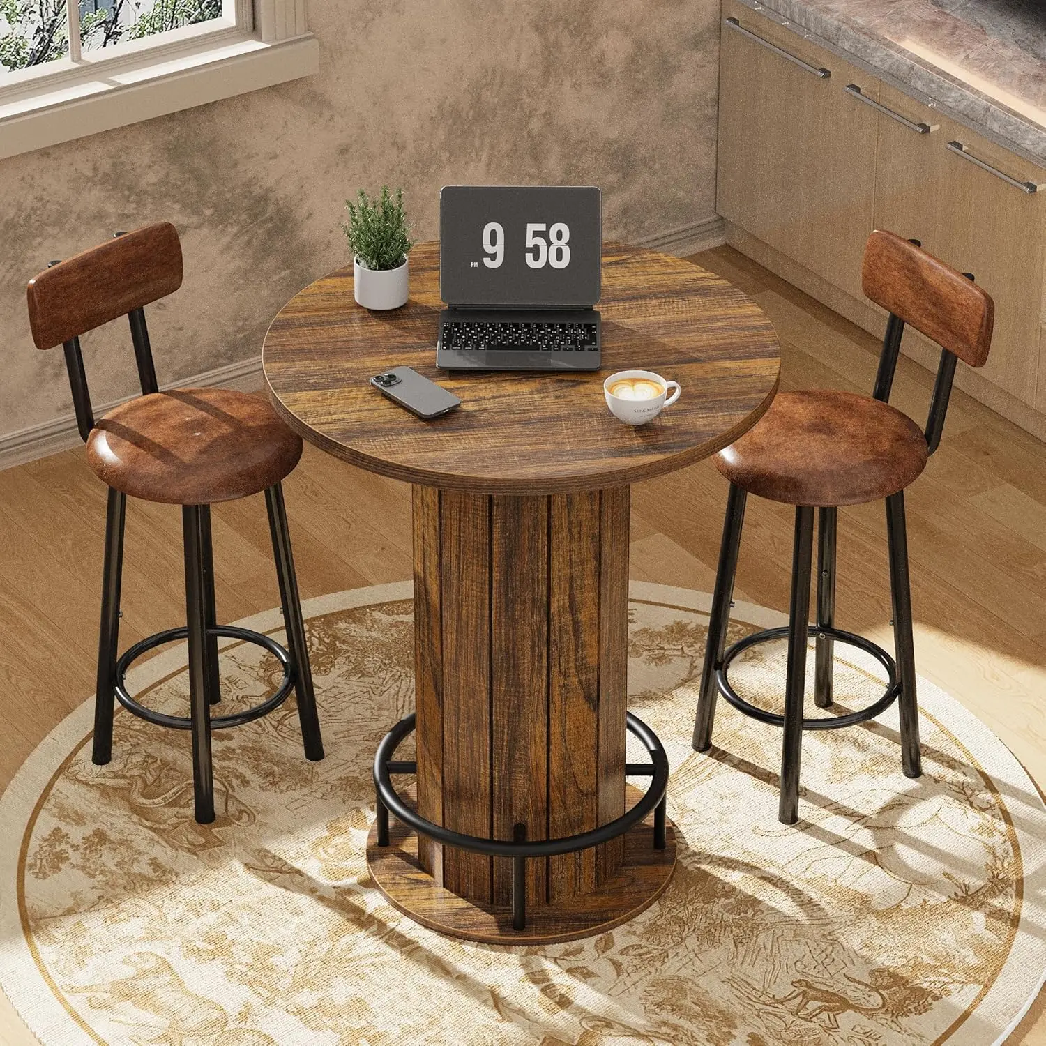 Space-Saving 40'' Tall Round Bar Table – Perfect for Home Bar, Kitchen, or Compact Areas – Round Counter Height Bistro Pub Table with Footrest – Table Only