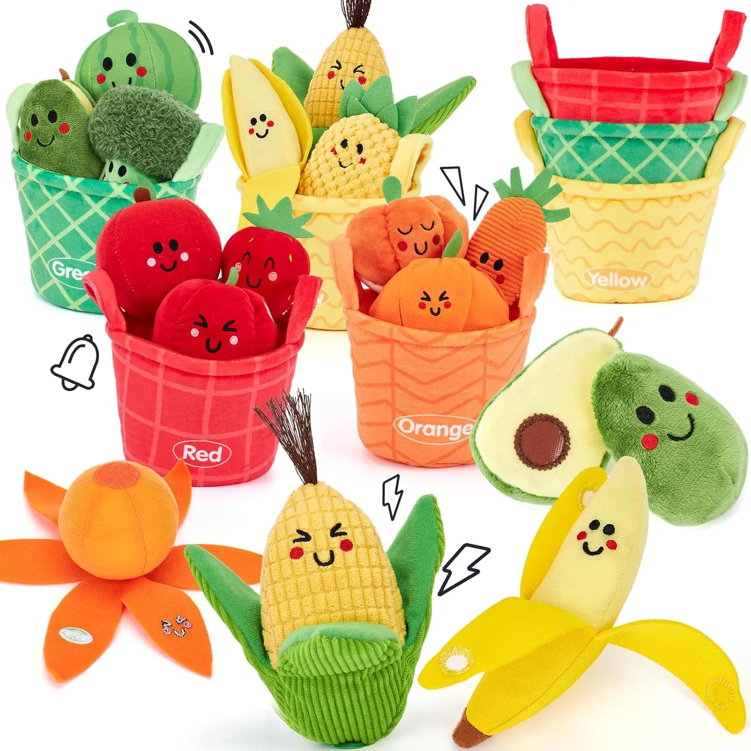 16-Piece Unisex Baby Sensory Play Set - My First Fruit & Vegetable Shape Color Sorting Play Food with Crinkle, Rattle Features, Safe Materials, Montessori Early Education Toy for 6-12 Months Old Gifts, Fruit Faces, Baby Items, Vegetable Shapes