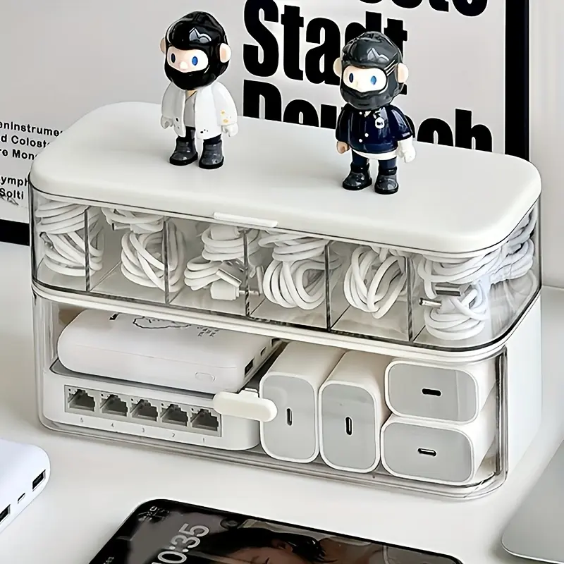 Simple double-layer cable storage box with covered drawer style multi compartment design, charging cables, data cables, cables and miscellaneous items classified storage, durable and portable without power supply, dust-proof and dust-proof, no need for ta