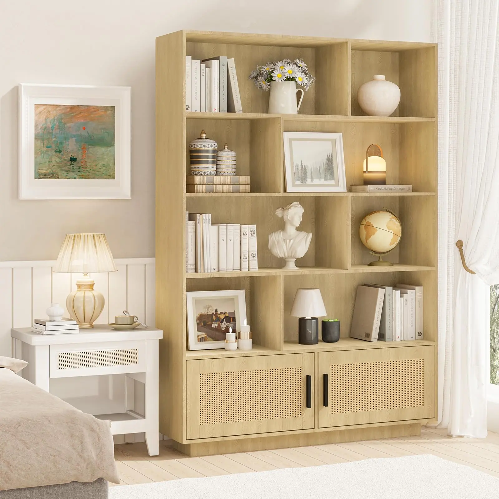 5 Tier Bookshelf, Boho Bookcase with Rattan Doors, Wooden Bookcase and Bookshelf with Storage, Tall Book Stand, Large Bookshelf for Living Room, Bedroom, Home Office