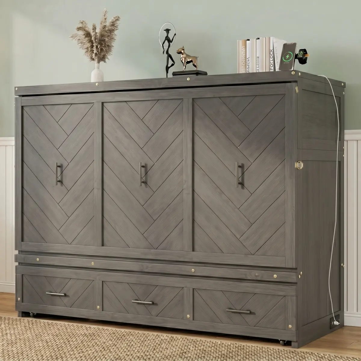 Aobtkel Queen Size Murphy Bed - Pine Wood & MDF Cabinet Bed, Durable, Grey, 111.3 lbs, 6 In or Less Profile, 80.9”L x 62.6”W x 34.7”H, Built-in USB Ports, Geometrical Decoration Panel, Comprehensive Assembly Instructions