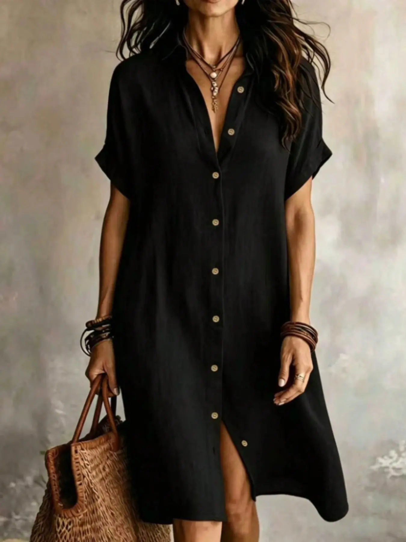 Women's Midi Solid Color Short Sleeve Collared Dress, Simple Vintage Style, Casual Summer, Elegant Plain Button Design, Perfect for Daily Wear