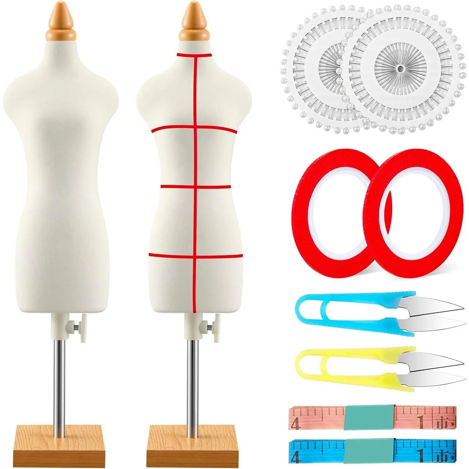 2 Sets Dress Form Mini Female 1/3 Size Tailor Dressmaker Dummy Mannequins Body Miniature Sewing Mannequin Dress Forms for Sewing with Red Patch Set