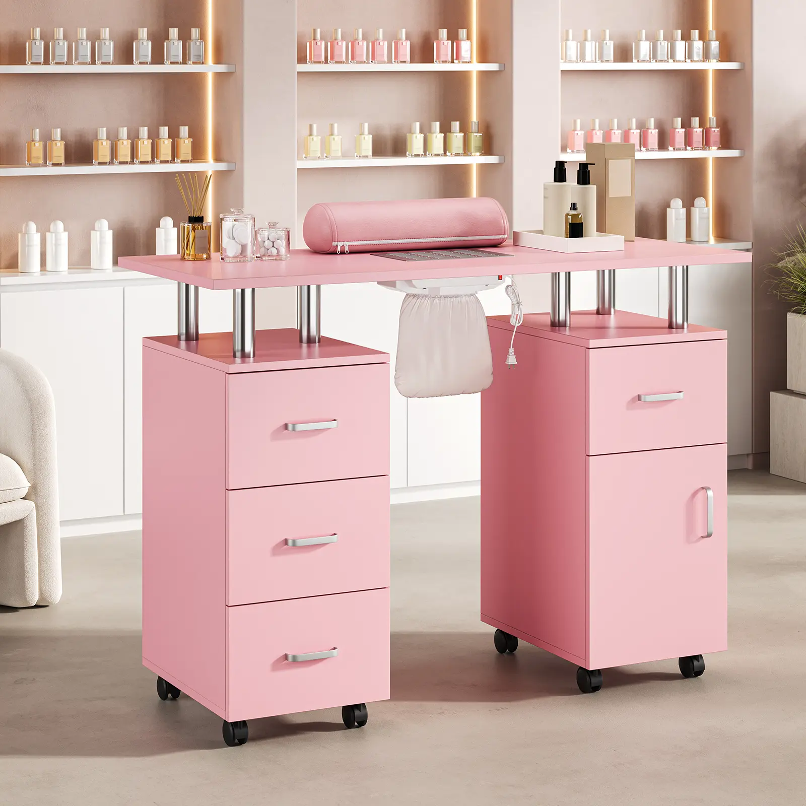 Nail Desk with Dust Collector – Manicure Table for Nail Techs, Rolling Salon Station with 4 Drawers & Lockable Wheels, Home Spa Nail Art Table for Girls Bedroom or Beauty Salon