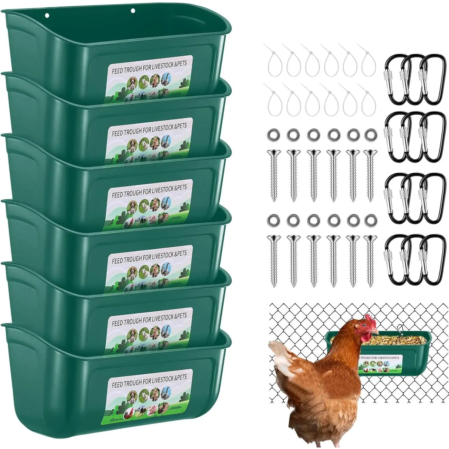 Green Polypropylene Hanging Detachable Fence Chicken Feeder with Clips, 2/4/6 Pack, Duck Poultry Livestock Supplies, Includes Uncharged Feed Scoop